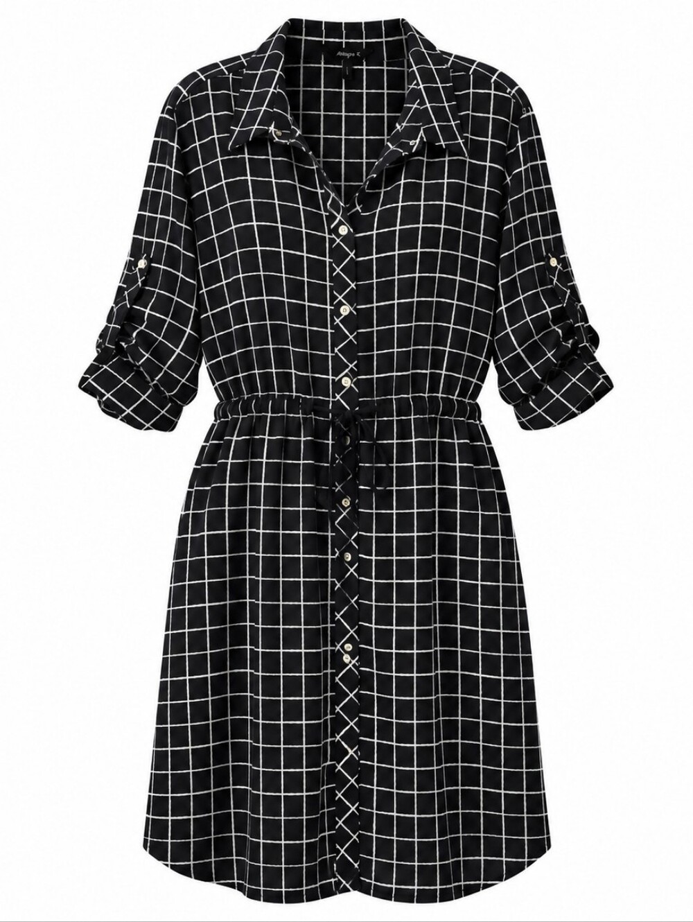 Daisy Fuentes Black and White Windowpane Midi Shirt Dress